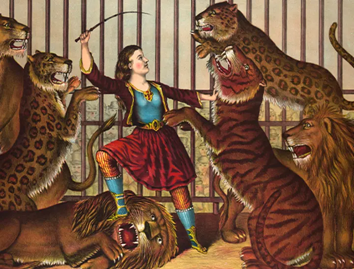 "Inlåst i en bur tillsammans med ett lejon"  "Inlåst i en bur tillsammans med ett lejon"