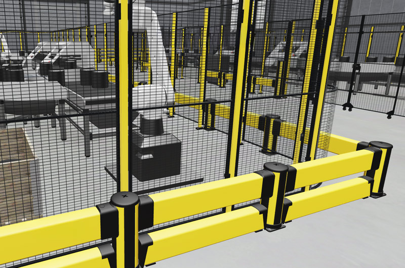 Detailed view in the digital showroom Axelent Xperience showing how Axelent's X-Guard mesh panels and X-Protect impact protection safeguards automated robots