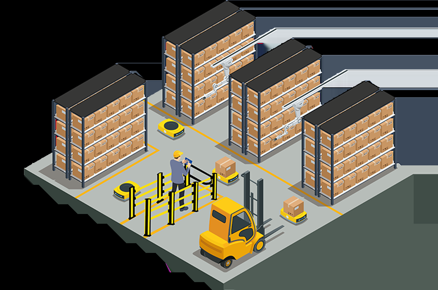 Autonoma mobila robotar transporterar varor, arbetare står bakom stötskydd